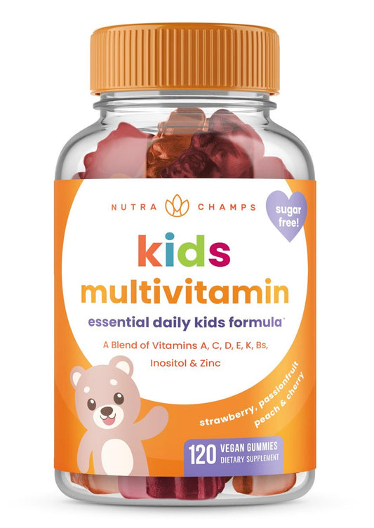 NutraChamps Kinder Multivitamin Gummis | Zuckerfrei 120 vegane Gummivitamine für Kinder | Erdbeere, Maracuja, Pfirsich & Kirsche
