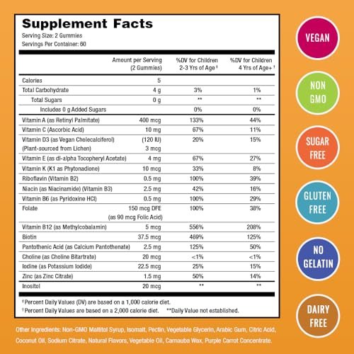 NutraChamps Kinder Multivitamin Gummis | Zuckerfrei 120 vegane Gummivitamine für Kinder | Erdbeere, Maracuja, Pfirsich & Kirsche