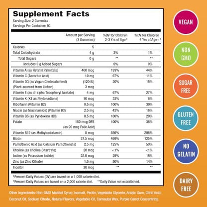 NutraChamps Kinder Multivitamin Gummis | Zuckerfrei 120 vegane Gummivitamine für Kinder | Erdbeere, Maracuja, Pfirsich & Kirsche