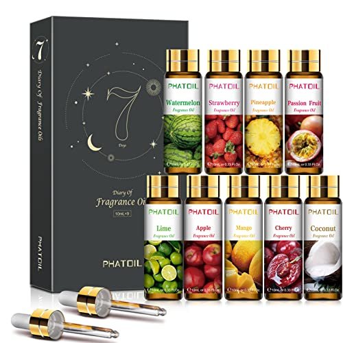 PHATOIL 9-teiliges Fruchtduft-Öl-Geschenkset, 10ml/0,33fl.oz Duftöle für Seife, DIY-Kerzen, Badebomben, fruchtige Duftöle für Diffuser für Zuhause