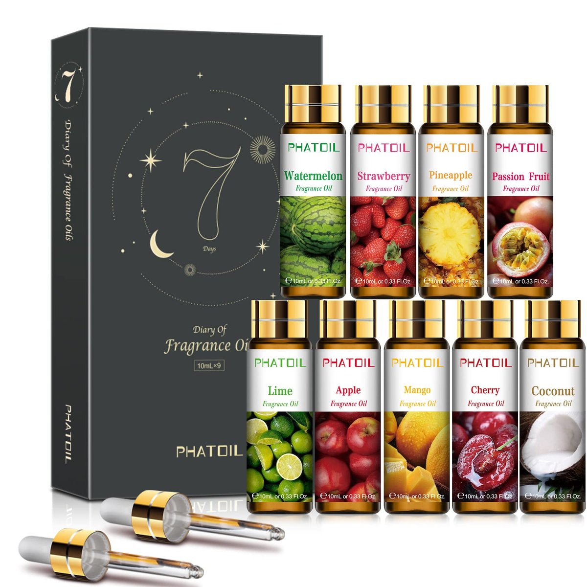 PHATOIL 9-teiliges Fruchtduft-Öl-Geschenkset, 10ml/0,33fl.oz Duftöle für Seife, DIY-Kerzen, Badebomben, fruchtige Duftöle für Diffuser für Zuhause