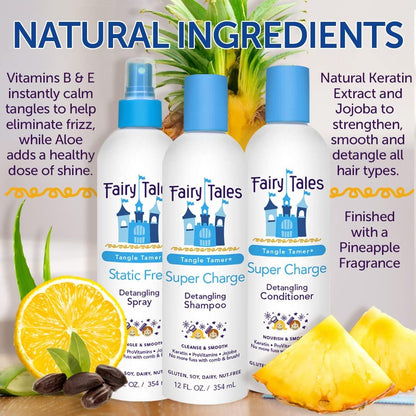 Fairy Tales Tangle Tamer Pflegeshampoo und Conditioner für Kinder + Entwirrungsspray - Feuchtigkeitsspendend und Anti-Frizz - Parabenfrei, Sulfatfrei - 12 oz (3er-Pack)