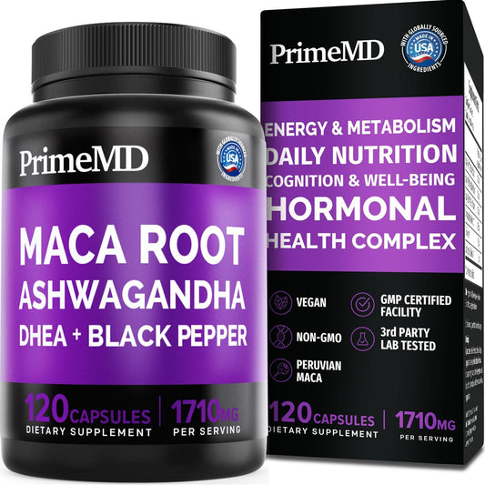 6-in-1 Bio Maca-Wurzel Ashwagandha Kapseln 1710mg mit DHEA und schwarzem Pfefferextrakt für Frauen und Männer - Schwarze Maca Nahrungsergänzung für Ausdauer, Knochen- und Stimmungssupport, 120 Stück