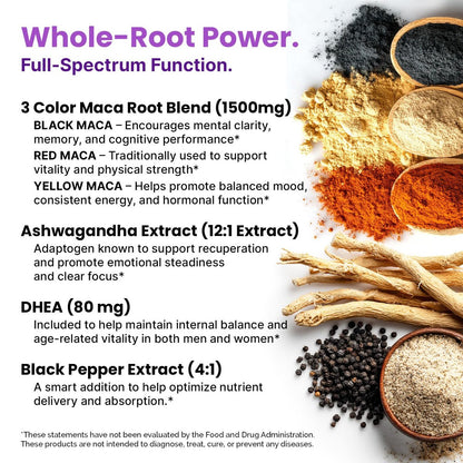 6-in-1 Bio Maca-Wurzel Ashwagandha Kapseln 1710mg mit DHEA und schwarzem Pfefferextrakt für Frauen und Männer - Schwarze Maca Nahrungsergänzung für Ausdauer, Knochen- und Stimmungssupport, 120 Stück