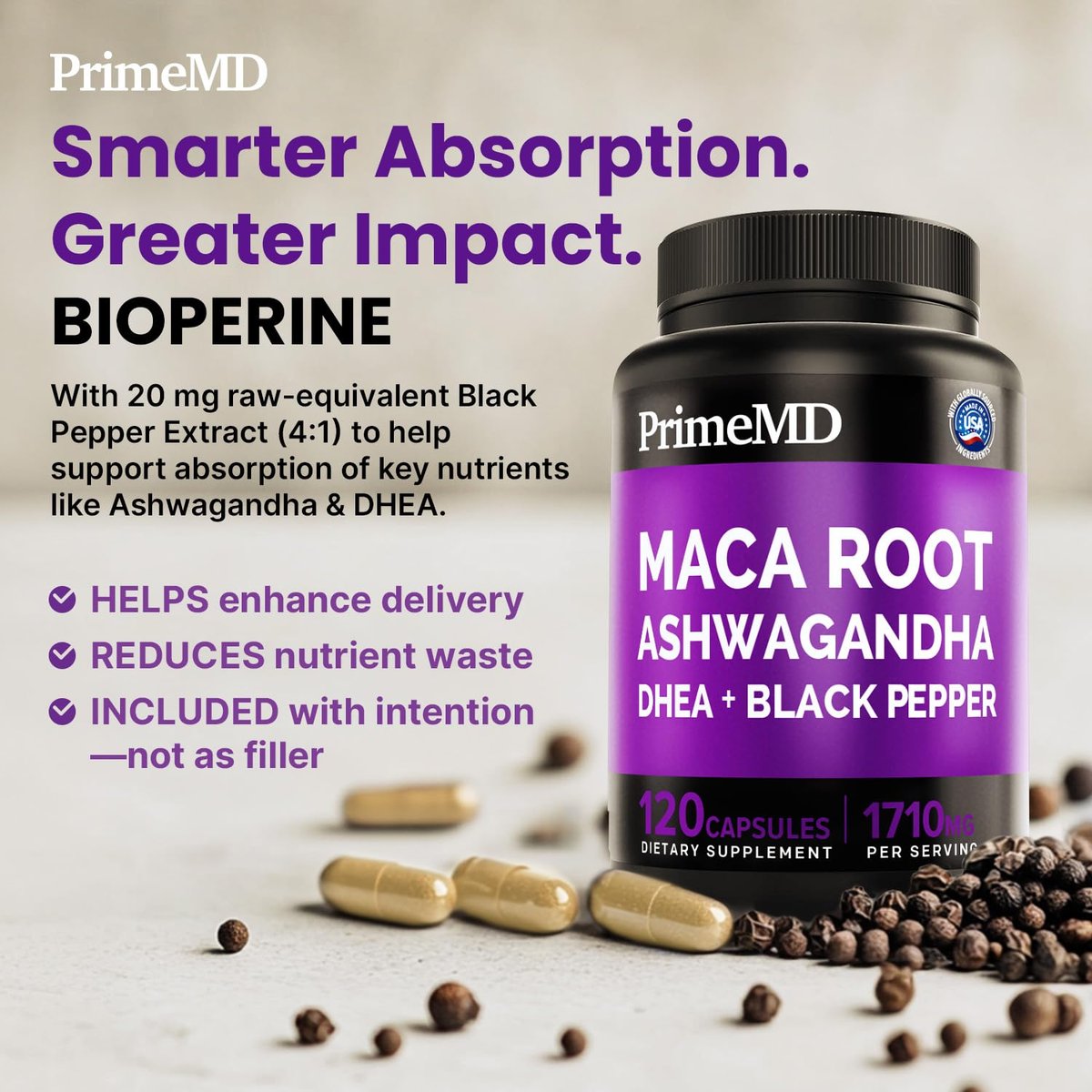 6-in-1 Bio Maca-Wurzel Ashwagandha Kapseln 1710mg mit DHEA und schwarzem Pfefferextrakt für Frauen und Männer - Schwarze Maca Nahrungsergänzung für Ausdauer, Knochen- und Stimmungssupport, 120 Stück