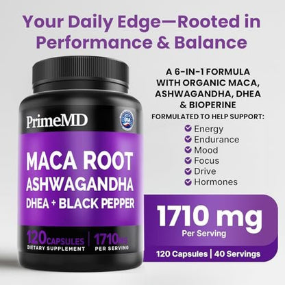 6-in-1 Bio Maca-Wurzel Ashwagandha Kapseln 1710mg mit DHEA und schwarzem Pfefferextrakt für Frauen und Männer - Schwarze Maca Nahrungsergänzung für Ausdauer, Knochen- und Stimmungssupport, 120 Stück