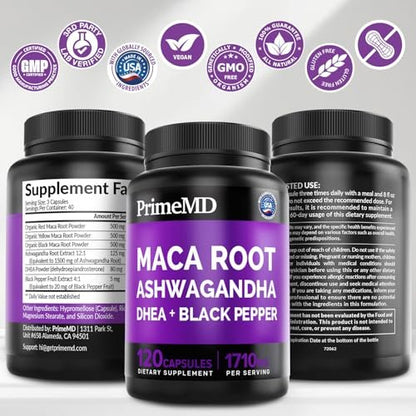 6-in-1 Bio Maca-Wurzel Ashwagandha Kapseln 1710mg mit DHEA und schwarzem Pfefferextrakt für Frauen und Männer - Schwarze Maca Nahrungsergänzung für Ausdauer, Knochen- und Stimmungssupport, 120 Stück