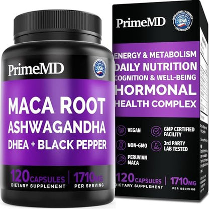 6-in-1 Bio Maca-Wurzel Ashwagandha Kapseln 1710mg mit DHEA und schwarzem Pfefferextrakt für Frauen und Männer - Schwarze Maca Nahrungsergänzung für Ausdauer, Knochen- und Stimmungssupport, 120 Stück