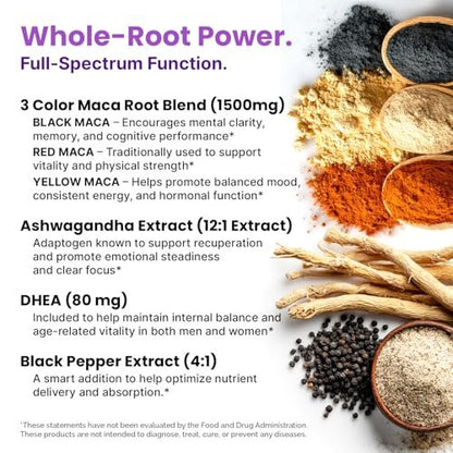 6-in-1 Bio Maca-Wurzel Ashwagandha Kapseln 1710mg mit DHEA und schwarzem Pfefferextrakt für Frauen und Männer - Schwarze Maca Nahrungsergänzung für Ausdauer, Knochen- und Stimmungssupport, 120 Stück