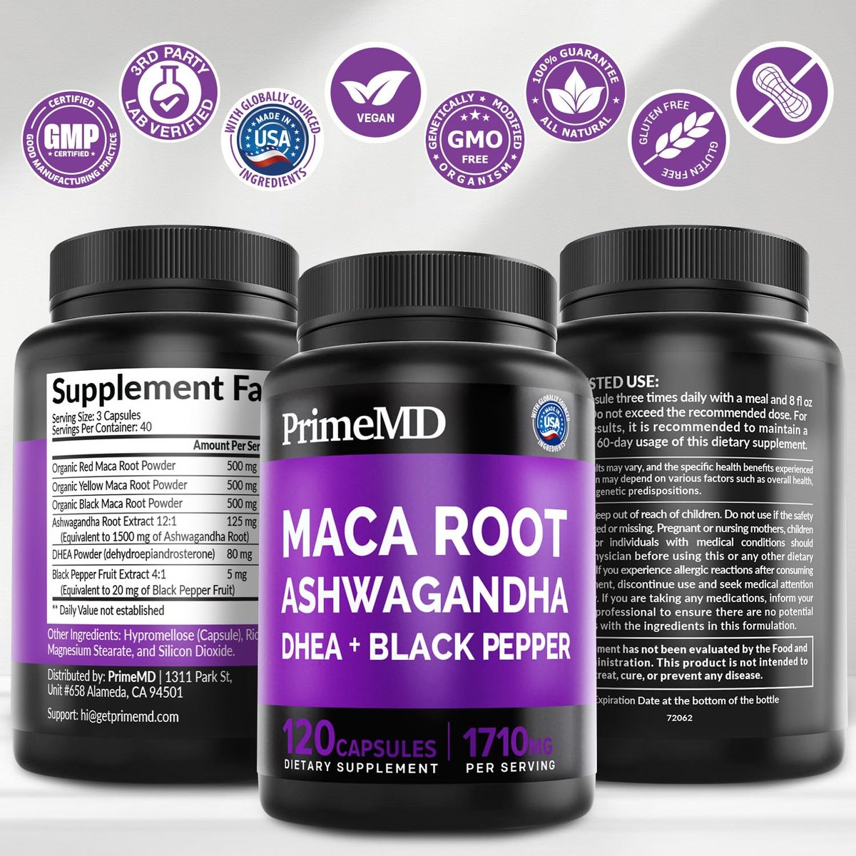 6-in-1 Bio Maca-Wurzel Ashwagandha Kapseln 1710mg mit DHEA und schwarzem Pfefferextrakt für Frauen und Männer - Schwarze Maca Nahrungsergänzung für Ausdauer, Knochen- und Stimmungssupport, 120 Stück