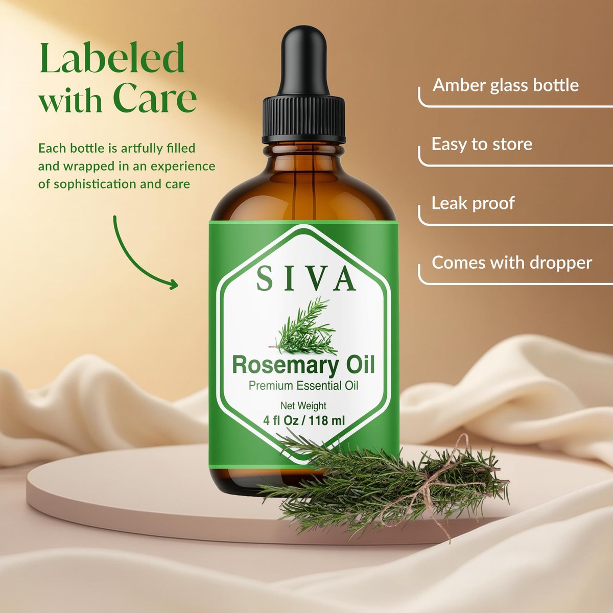 Siva Rosmarinöl - 118 ml – 100% natürliches Rosmarinöl – für Diffuser, Gesicht, Hautpflege, Aromatherapie, Haarpflege, Kopfhaut und Körpermassage – mit Pipette