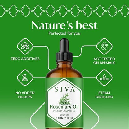 Siva Rosmarinöl - 118 ml – 100% natürliches Rosmarinöl – für Diffuser, Gesicht, Hautpflege, Aromatherapie, Haarpflege, Kopfhaut und Körpermassage – mit Pipette