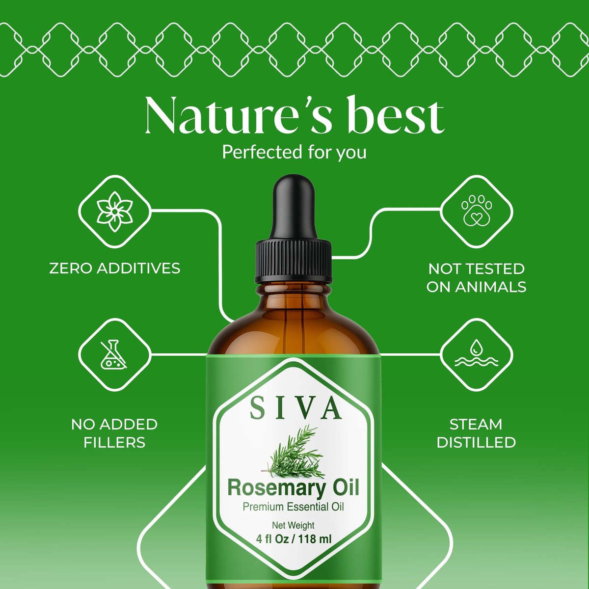 Siva Rosmarinöl - 118 ml – 100% natürliches Rosmarinöl – für Diffuser, Gesicht, Hautpflege, Aromatherapie, Haarpflege, Kopfhaut und Körpermassage – mit Pipette