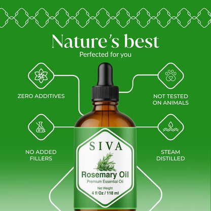 Siva Rosmarinöl - 118 ml – 100% natürliches Rosmarinöl – für Diffuser, Gesicht, Hautpflege, Aromatherapie, Haarpflege, Kopfhaut und Körpermassage – mit Pipette