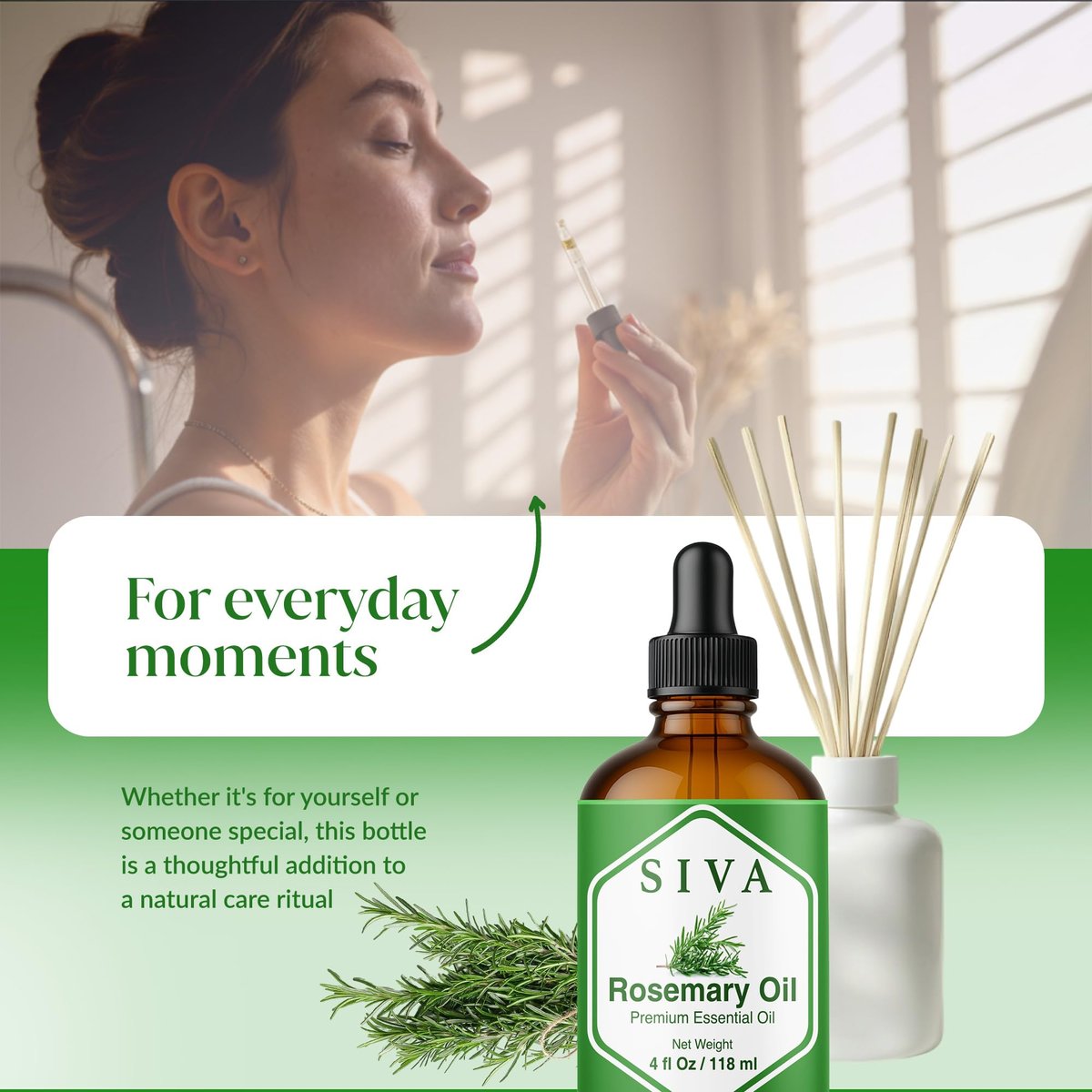 Siva Rosmarinöl - 118 ml – 100% natürliches Rosmarinöl – für Diffuser, Gesicht, Hautpflege, Aromatherapie, Haarpflege, Kopfhaut und Körpermassage – mit Pipette