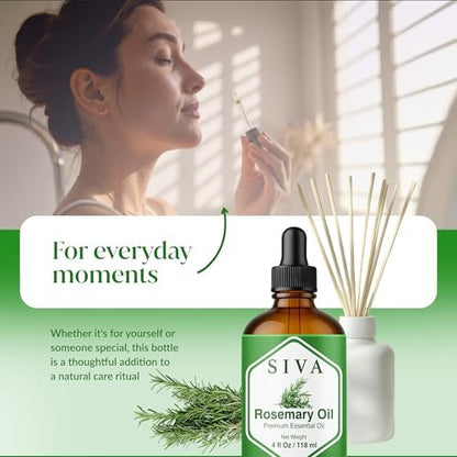 Siva Rosmarinöl - 118 ml – 100% natürliches Rosmarinöl – für Diffuser, Gesicht, Hautpflege, Aromatherapie, Haarpflege, Kopfhaut und Körpermassage – mit Pipette