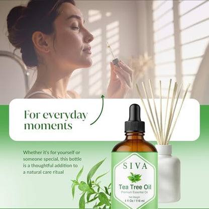 Siva Teebaumöl - 118 ml – 100% natürliches Teebaumöl – für Diffuser, Gesicht, Hautpflege, Aromatherapie, Haarpflege, Kopfhaut und Körpermassage – mit Pipette