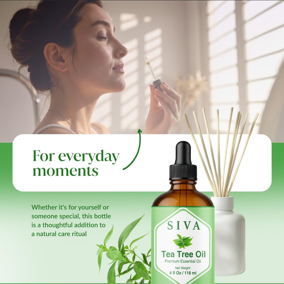 Siva Teebaumöl - 118 ml – 100% natürliches Teebaumöl – für Diffuser, Gesicht, Hautpflege, Aromatherapie, Haarpflege, Kopfhaut und Körpermassage – mit Pipette