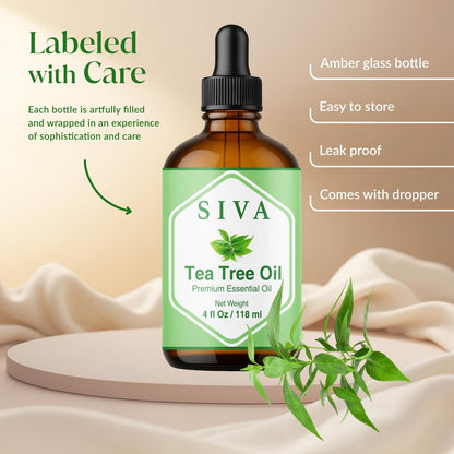Siva Teebaumöl - 118 ml – 100% natürliches Teebaumöl – für Diffuser, Gesicht, Hautpflege, Aromatherapie, Haarpflege, Kopfhaut und Körpermassage – mit Pipette