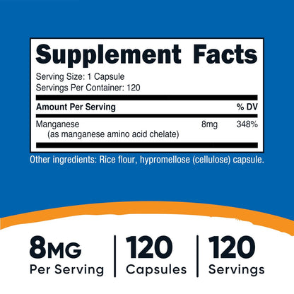 Nutricost Chelat-Mangan-Ergänzung 8 mg, Aminosäure-Chelat, 120 Kapseln, 120 Portionen - Glutenfrei, Nicht-GVO und Vegetarierfreundlich
