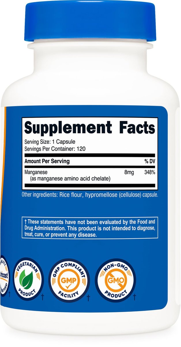 Nutricost Chelat-Mangan-Ergänzung 8 mg, Aminosäure-Chelat, 120 Kapseln, 120 Portionen - Glutenfrei, Nicht-GVO und Vegetarierfreundlich