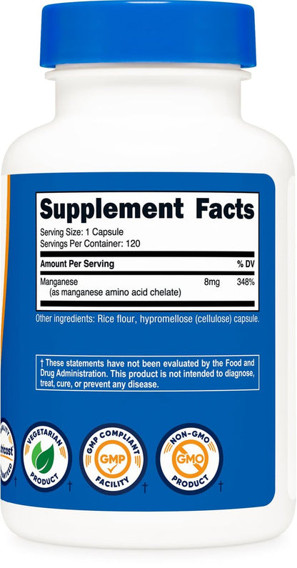 Nutricost Chelat-Mangan-Ergänzung 8 mg, Aminosäure-Chelat, 120 Kapseln, 120 Portionen - Glutenfrei, Nicht-GVO und Vegetarierfreundlich