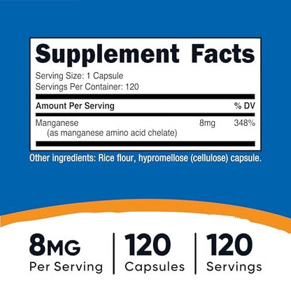Nutricost Chelat-Mangan-Ergänzung 8 mg, Aminosäure-Chelat, 120 Kapseln, 120 Portionen - Glutenfrei, Nicht-GVO und Vegetarierfreundlich