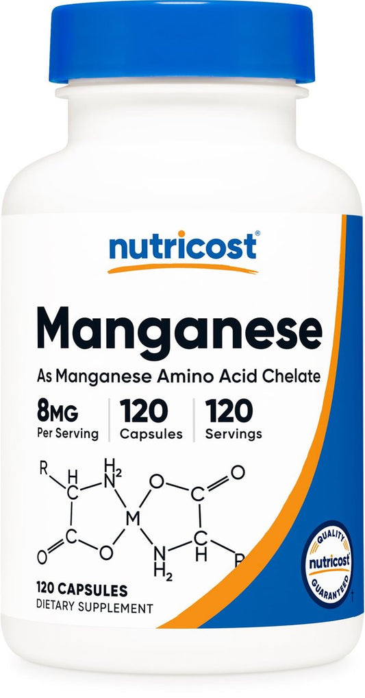 Nutricost Chelat-Mangan-Ergänzung 8 mg, Aminosäure-Chelat, 120 Kapseln, 120 Portionen - Glutenfrei, Nicht-GVO und Vegetarierfreundlich