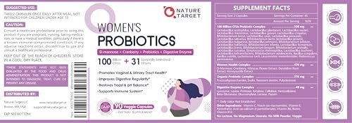 NATURE TARGET Probiotika für Frauen, 100 Milliarden KBE, mit Verdauungsenzymen & Präbiotika, Vaginalprobiotika mit Cranberry für die Gesundheit der Harnwege, pH-Balance, 90 vegane Kapseln