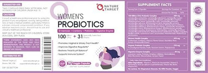 NATURE TARGET Probiotika für Frauen, 100 Milliarden KBE, mit Verdauungsenzymen & Präbiotika, Vaginalprobiotika mit Cranberry für die Gesundheit der Harnwege, pH-Balance, 90 vegane Kapseln
