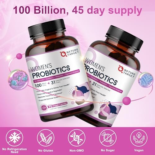 NATURE TARGET Probiotika für Frauen, 100 Milliarden KBE, mit Verdauungsenzymen & Präbiotika, Vaginalprobiotika mit Cranberry für die Gesundheit der Harnwege, pH-Balance, 90 vegane Kapseln