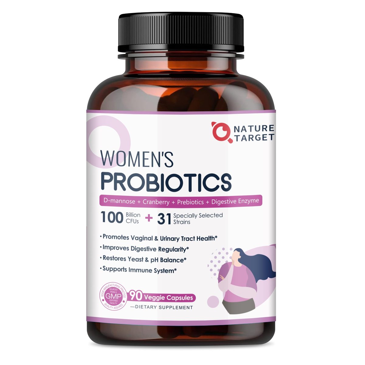 NATURE TARGET Probiotika für Frauen, 100 Milliarden KBE, mit Verdauungsenzymen & Präbiotika, Vaginalprobiotika mit Cranberry für die Gesundheit der Harnwege, pH-Balance, 90 vegane Kapseln