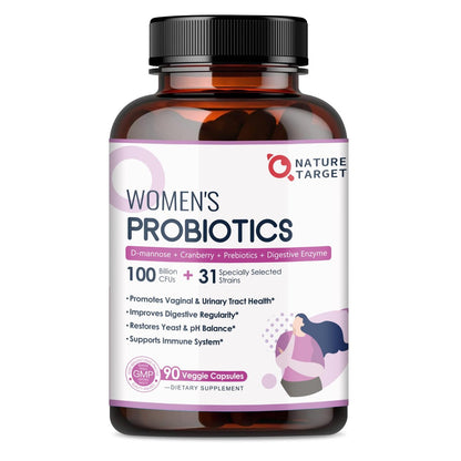 NATURE TARGET Probiotika für Frauen, 100 Milliarden KBE, mit Verdauungsenzymen & Präbiotika, Vaginalprobiotika mit Cranberry für die Gesundheit der Harnwege, pH-Balance, 90 vegane Kapseln