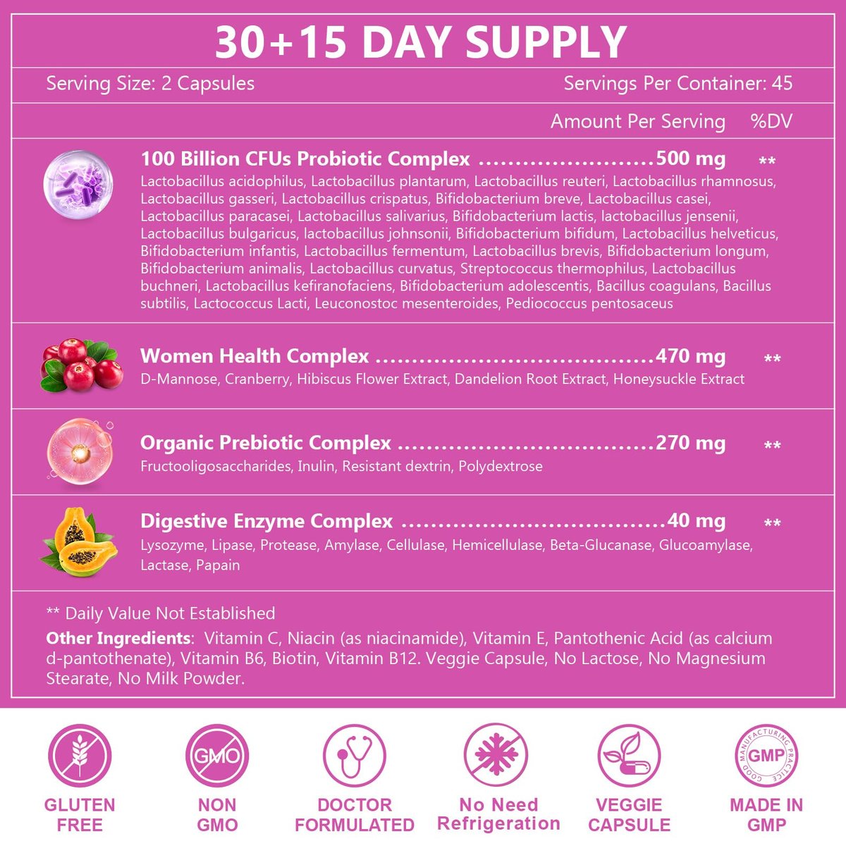 NATURE TARGET Probiotika für Frauen, 100 Milliarden KBE, mit Verdauungsenzymen & Präbiotika, Vaginalprobiotika mit Cranberry für die Gesundheit der Harnwege, pH-Balance, 90 vegane Kapseln