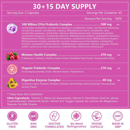 NATURE TARGET Probiotika für Frauen, 100 Milliarden KBE, mit Verdauungsenzymen & Präbiotika, Vaginalprobiotika mit Cranberry für die Gesundheit der Harnwege, pH-Balance, 90 vegane Kapseln