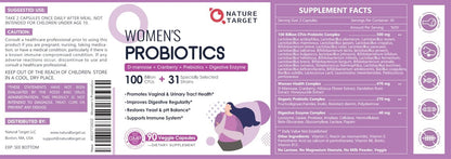 NATURE TARGET Probiotika für Frauen, 100 Milliarden KBE, mit Verdauungsenzymen & Präbiotika, Vaginalprobiotika mit Cranberry für die Gesundheit der Harnwege, pH-Balance, 90 vegane Kapseln
