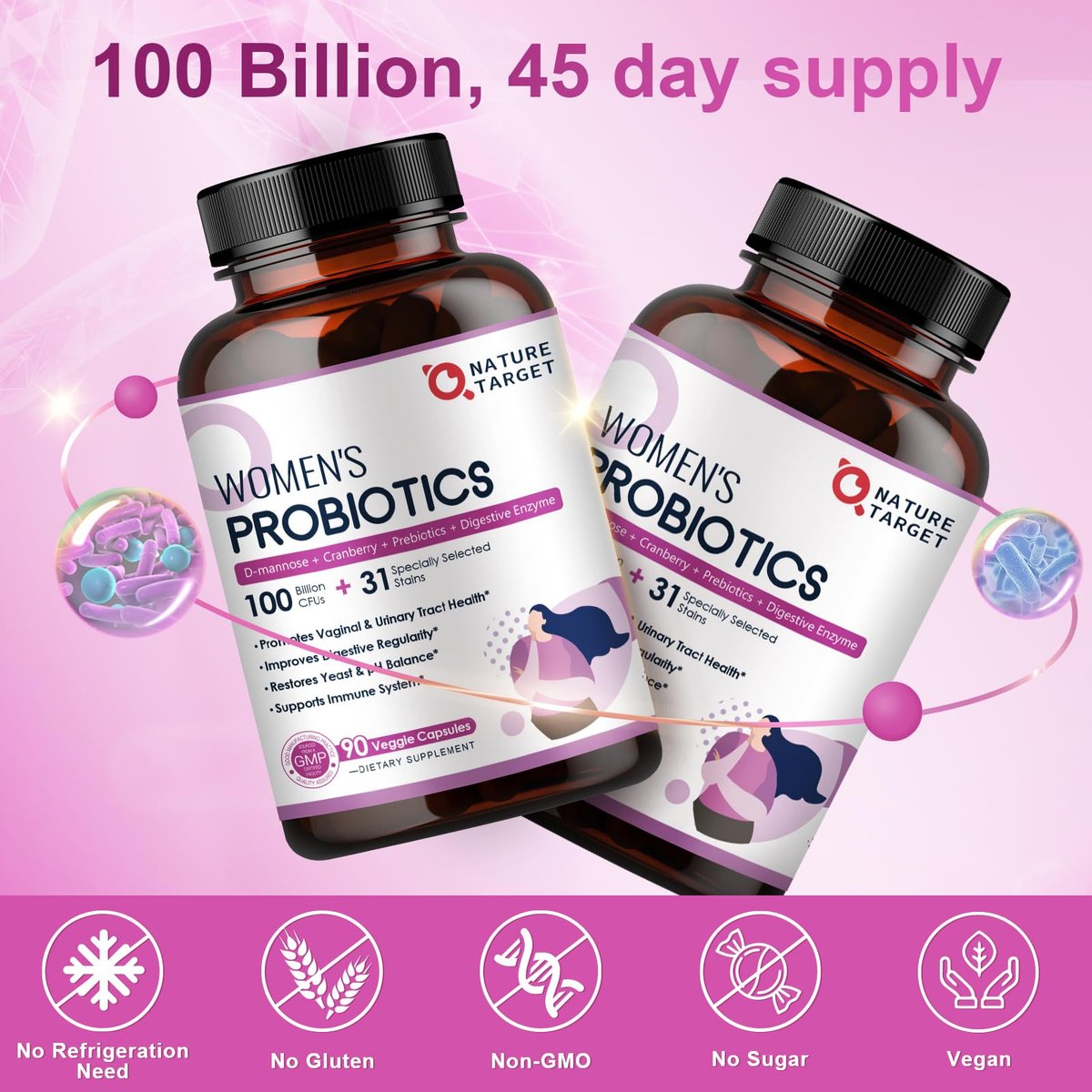 NATURE TARGET Probiotika für Frauen, 100 Milliarden KBE, mit Verdauungsenzymen & Präbiotika, Vaginalprobiotika mit Cranberry für die Gesundheit der Harnwege, pH-Balance, 90 vegane Kapseln