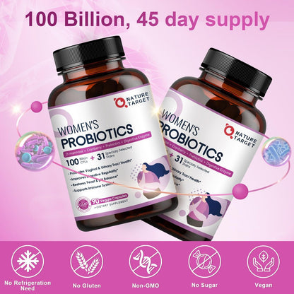 NATURE TARGET Probiotika für Frauen, 100 Milliarden KBE, mit Verdauungsenzymen & Präbiotika, Vaginalprobiotika mit Cranberry für die Gesundheit der Harnwege, pH-Balance, 90 vegane Kapseln