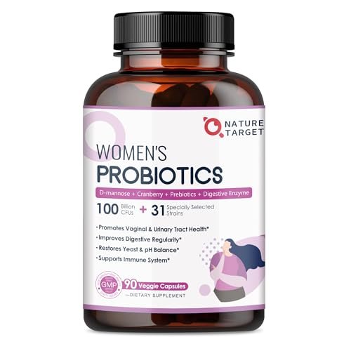 NATURE TARGET Probiotika für Frauen, 100 Milliarden KBE, mit Verdauungsenzymen & Präbiotika, Vaginalprobiotika mit Cranberry für die Gesundheit der Harnwege, pH-Balance, 90 vegane Kapseln