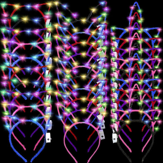 Giegxin 42-teiliges Leuchtendes Stirnband-Set – Einhorn-Stirnbänder, Katzenohren, Hasenohren für Partys (Kurzer Haarstil)