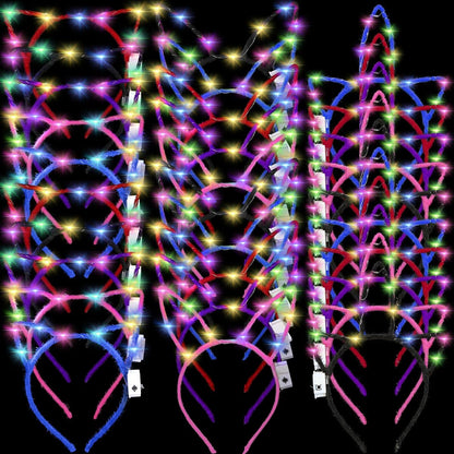 Giegxin 42-teiliges Leuchtendes Stirnband-Set – Einhorn-Stirnbänder, Katzenohren, Hasenohren für Partys (Kurzer Haarstil)
