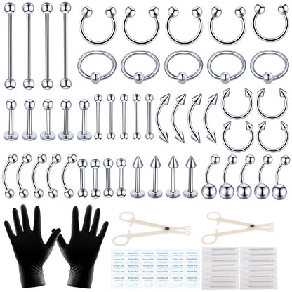 LOYAL BOOK 104-teiliges Piercing-Set 14G/16G – Edelstahlfarbenes Piercing-Kit für alle Piercings