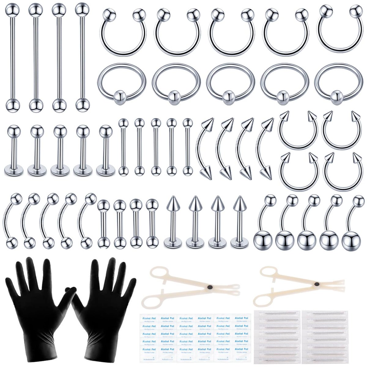 LOYAL BOOK 104-teiliges Piercing-Set 14G/16G – Edelstahlfarbenes Piercing-Kit für alle Piercings