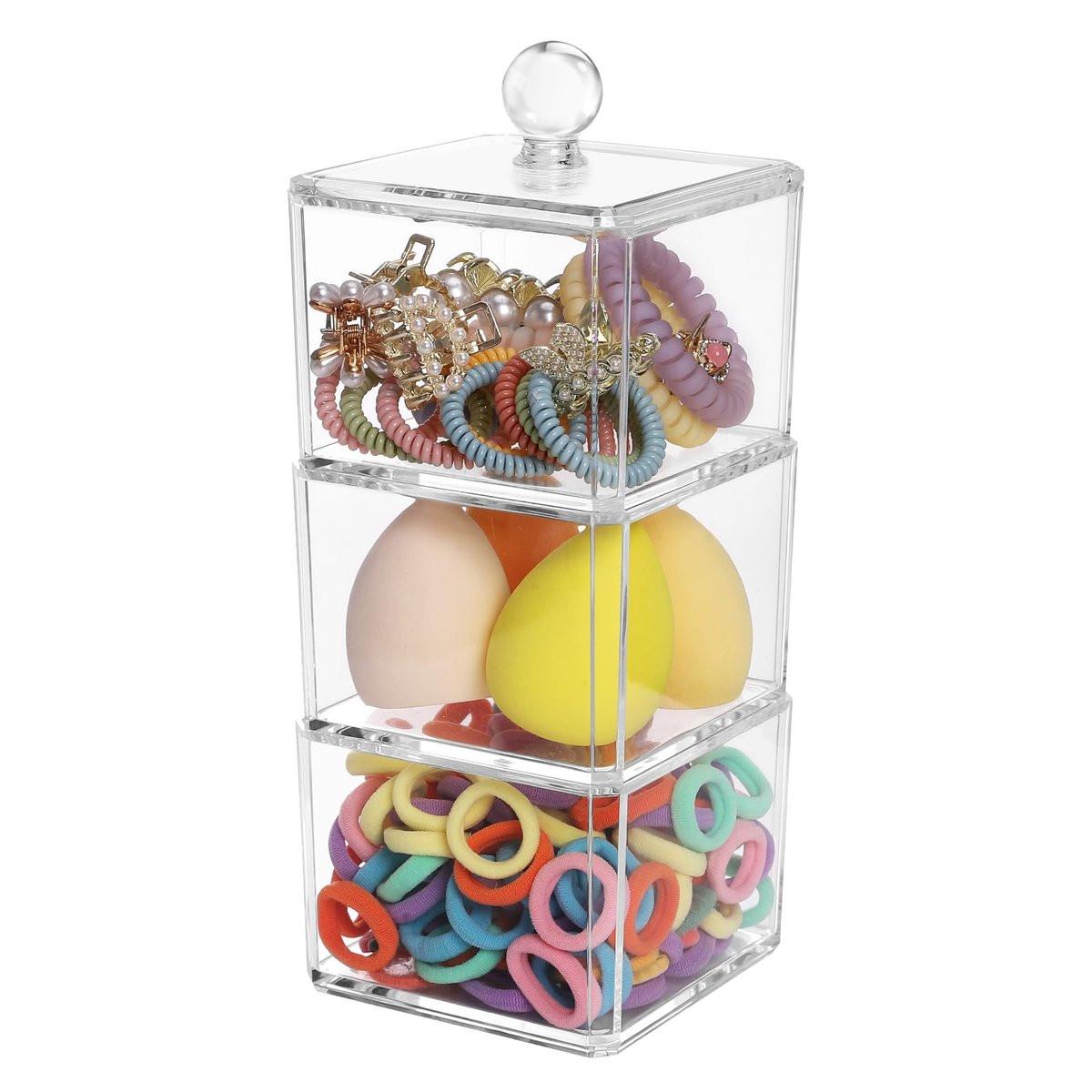 LOHRYVIO Haaraccessoires Organizer für Mädchen, 3 stapelbare Aufbewahrungsboxen mit Deckel, Acryl-Klar Kosmetik-Aufbewahrung für Bad und Schminktisch, Haarband-Halter