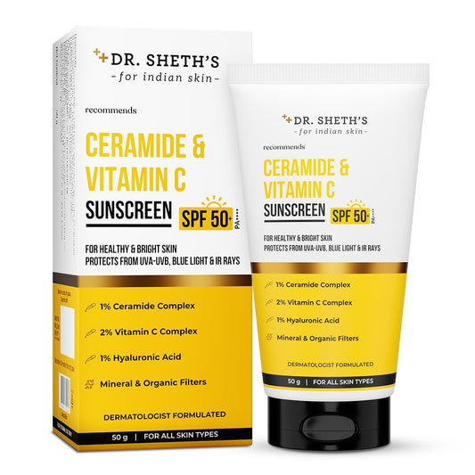 Dr. Sheth's Ceramide & Vitamin C Sonnencreme SPF 50+ PA++++ In-Vivo getestet – schützt, pflegt und hellt die Haut auf – Leicht, ohne weißen Schimmer – 50 g