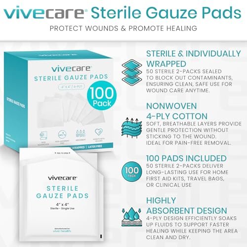 Vive Care 4x4 Sterile Mullkompressen (100 Stück) – einzeln verpackte 2er-Pack Wundauflage zur Reinigung und Polsterung – nicht haftende, hochsaugfähige Binden