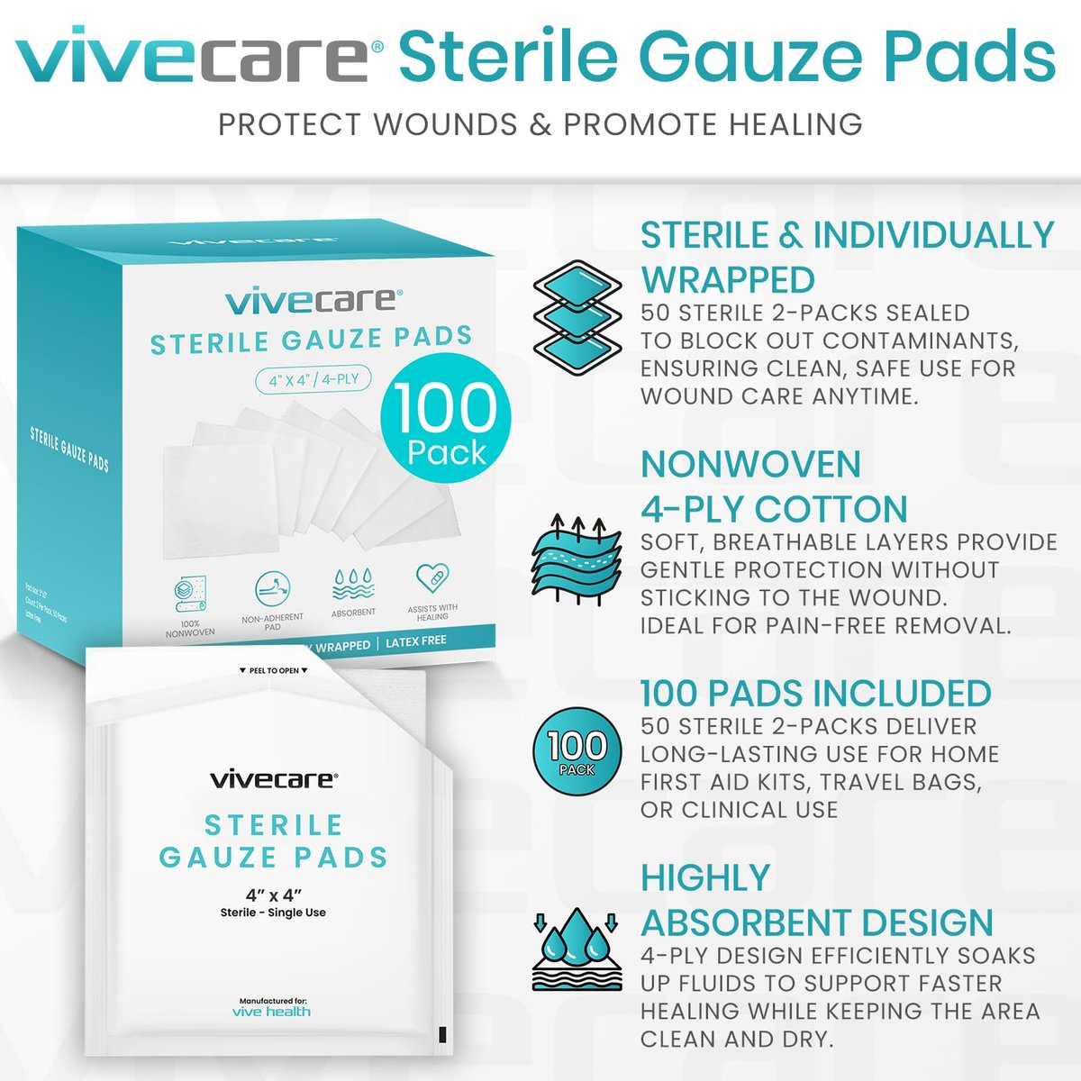 Vive Care 4x4 Sterile Mullkompressen (100 Stück) – einzeln verpackte 2er-Pack Wundauflage zur Reinigung und Polsterung – nicht haftende, hochsaugfähige Binden