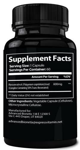 Advanced Bionetix 2X Potenz Mikronisiertes Trans-Resveratrol Supplement – 1200 mg pro 2 Kapseln – Hochabsorbierende Antioxidans-Formel – Fördert Anti-Aging, kognitive Unterstützung & Herzgesundheit – 60 Kapseln
