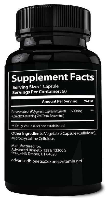 Advanced Bionetix 2X Potenz Mikronisiertes Trans-Resveratrol Supplement – 1200 mg pro 2 Kapseln – Hochabsorbierende Antioxidans-Formel – Fördert Anti-Aging, kognitive Unterstützung & Herzgesundheit – 60 Kapseln