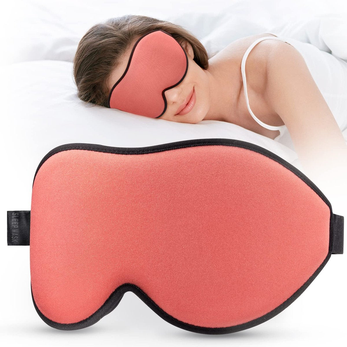 LitBear Schlafmaske für Frauen – Konturierte Augenmaske zum Schlafen mit elastischem Band – Weich & Bequem für Seitenschläfer, Berufstätige & Lichtempfindliche – Korallenrot